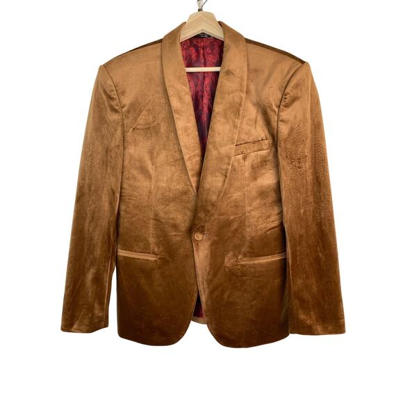 Azar Man Size 38S Slim Fit Brown Velvet Red Paisley Lined Single Button Blazer - Picture 1 of 7